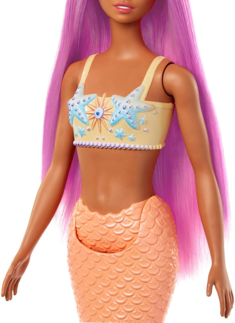 Lalka Barbie Syrenka z fantazyjnymi różowymi włosami i opaską, lalka z głową rozgwiazdy i miękką pomarańczową płetwą ogonową, HRR05