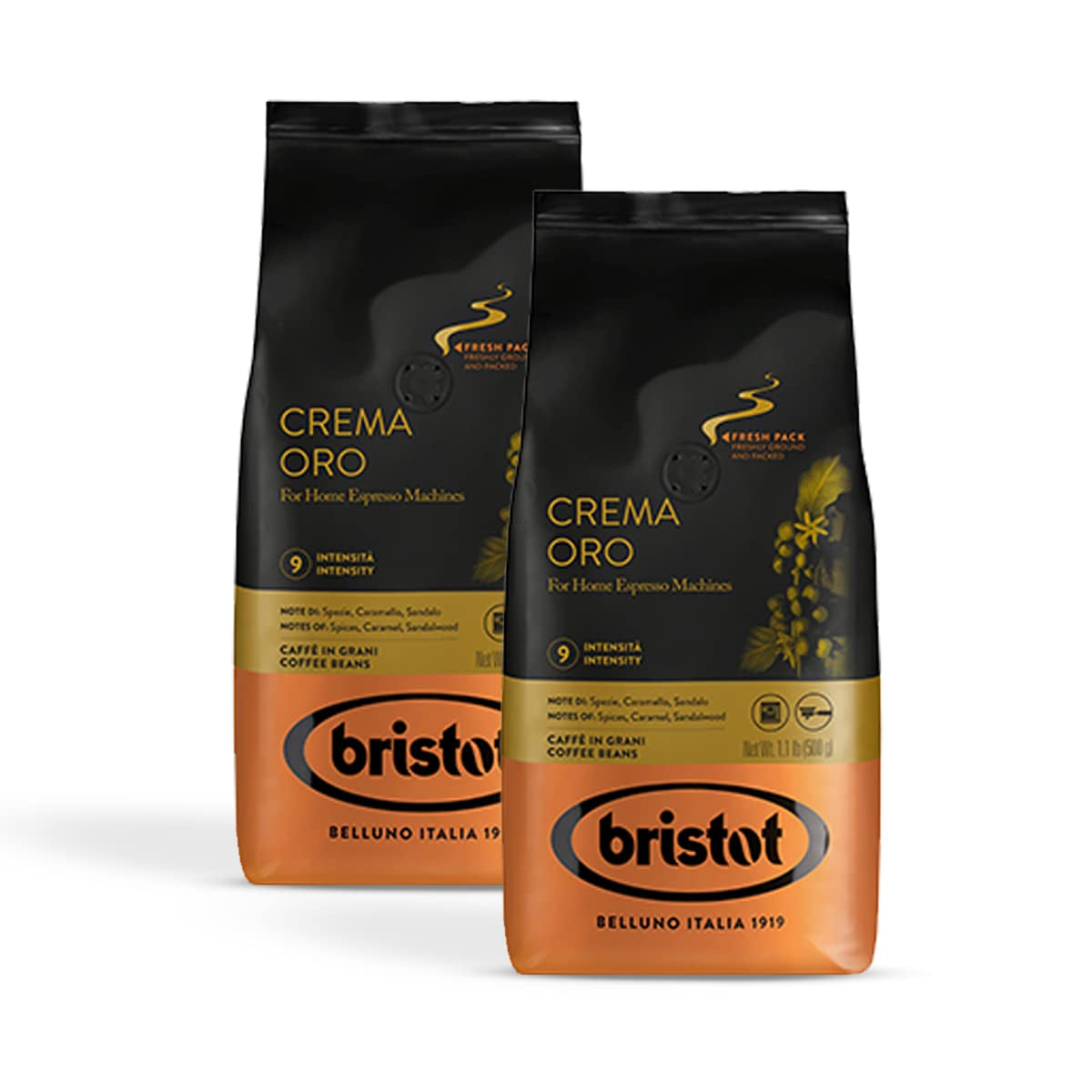Bristot, Kaffeebohnen CREMA ORO – Razem 1 kg – Mischung mit intensywny Aroma, süßem Geschmack, Gewürzen, Caramel, Sandelholznoten – Set mit 2 pro 500 g