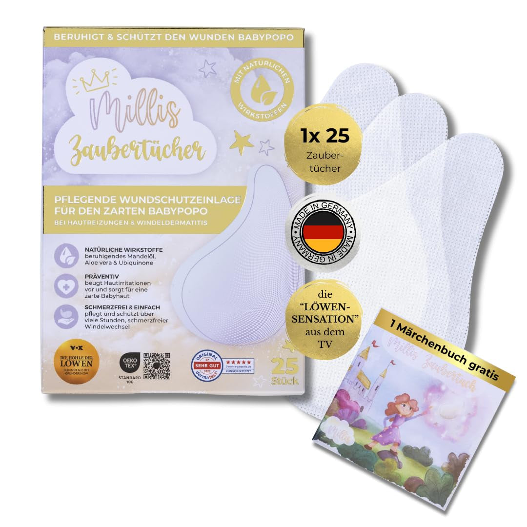Millis Zaubertücher bei Windedermatitis Baby, Bekannt aus „Die Höhle der Löwen”, 25 Tücher (1 x 25er) z Aloe Vera, Mandelöl i Q10 - Pflegt, Schützt i dient als Wundschutz bei gereizter Haut