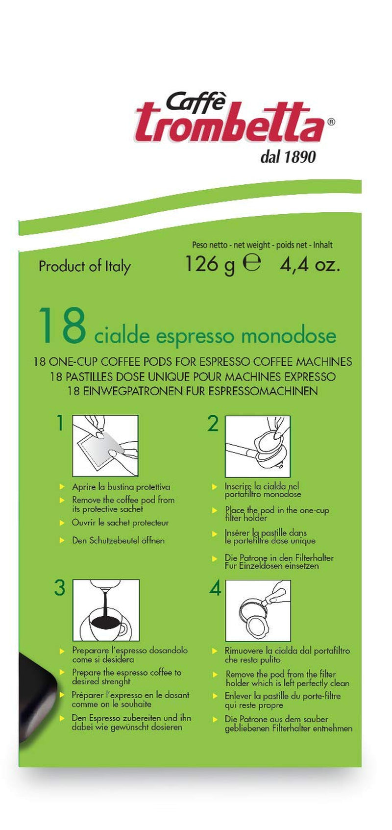 Caffè Trombetta ESE Kaffeepads, Italien Kaffee, Richhaltiges Aroma und samtiger Gesmack Biologisch - 1 opakowanie zu je 18 Kaffeepads