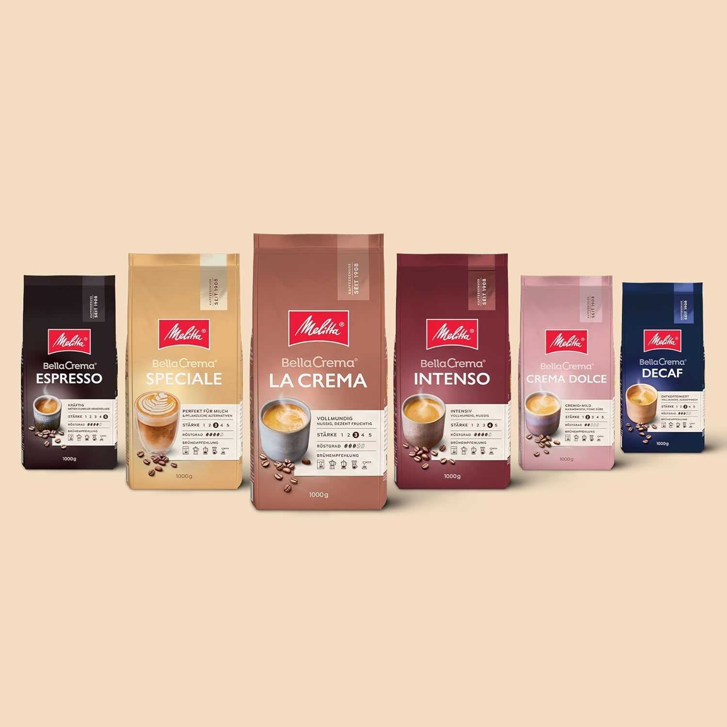 Melitta BellaCrema Kawa bezkofeinowa w ziarnach 4 x 1kg Niemielone ziarna kawy do w pełni automatycznych ekspresów do kawy Bezkofeinowa Jasno palona Niemiecka pieczeń 3 Moc