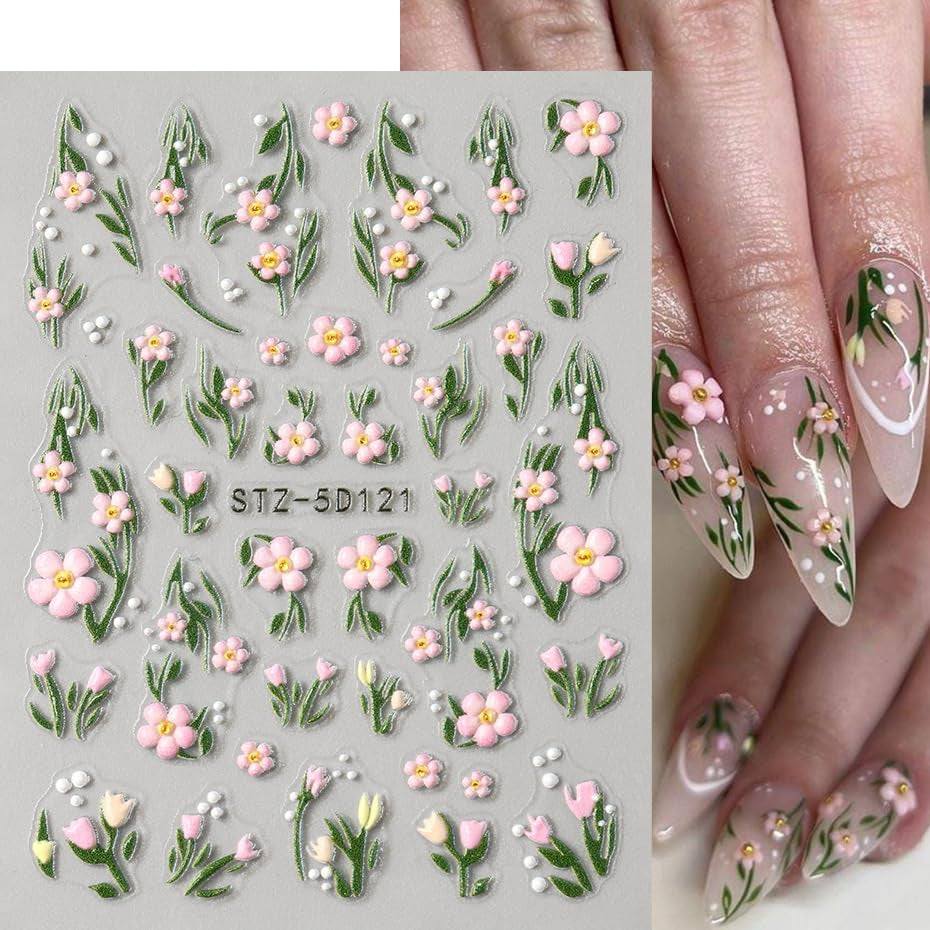 JMEOWIO 3D Nagelsticker Blumen Frucht Nail Art Naklejka Selbstklebend Nagelaufkleber 5D Stereoskopisch Dekoration Nageldesign Zubehör 4 Blatt