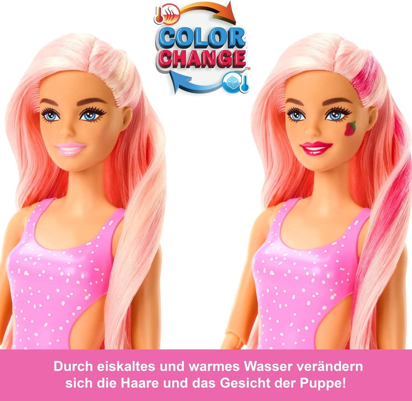 Barbie Pop Reveal Fruit — lalki-niespodzianki z 8 owocowymi niespodziankami, w tym lalką z zapachem truskawkowej lemoniady i puszystym szczeniakiem, od 3 lat, HNW41