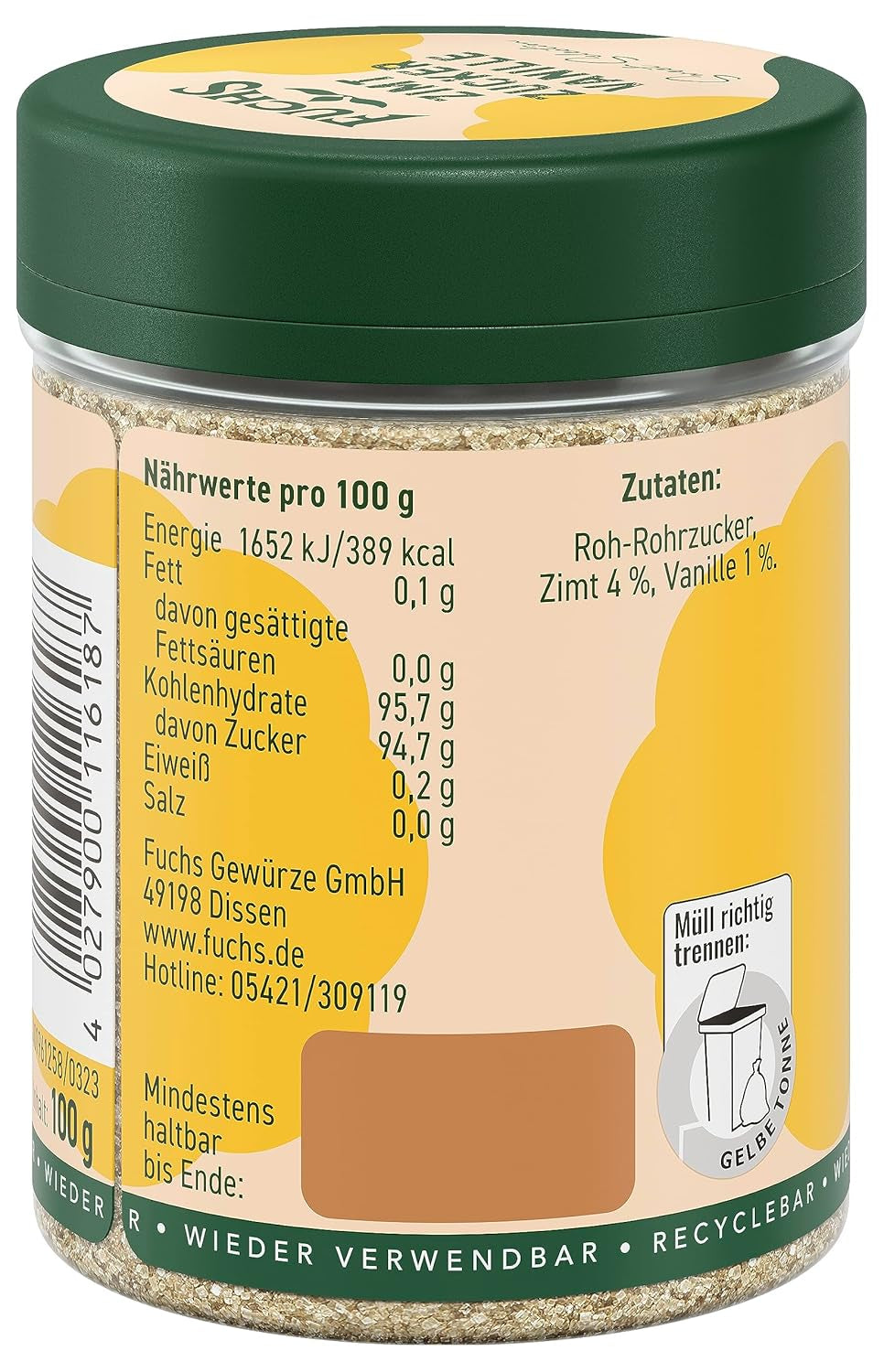 Fuchs Gewürze - Zimt Zucker Vanille - Gewürz zum Versüßen von Wafeln, Milchgetränken oder Joghurt - aus natürliche Składnik - 100 g w wiederverwendbarer, recyclebarer Dawka