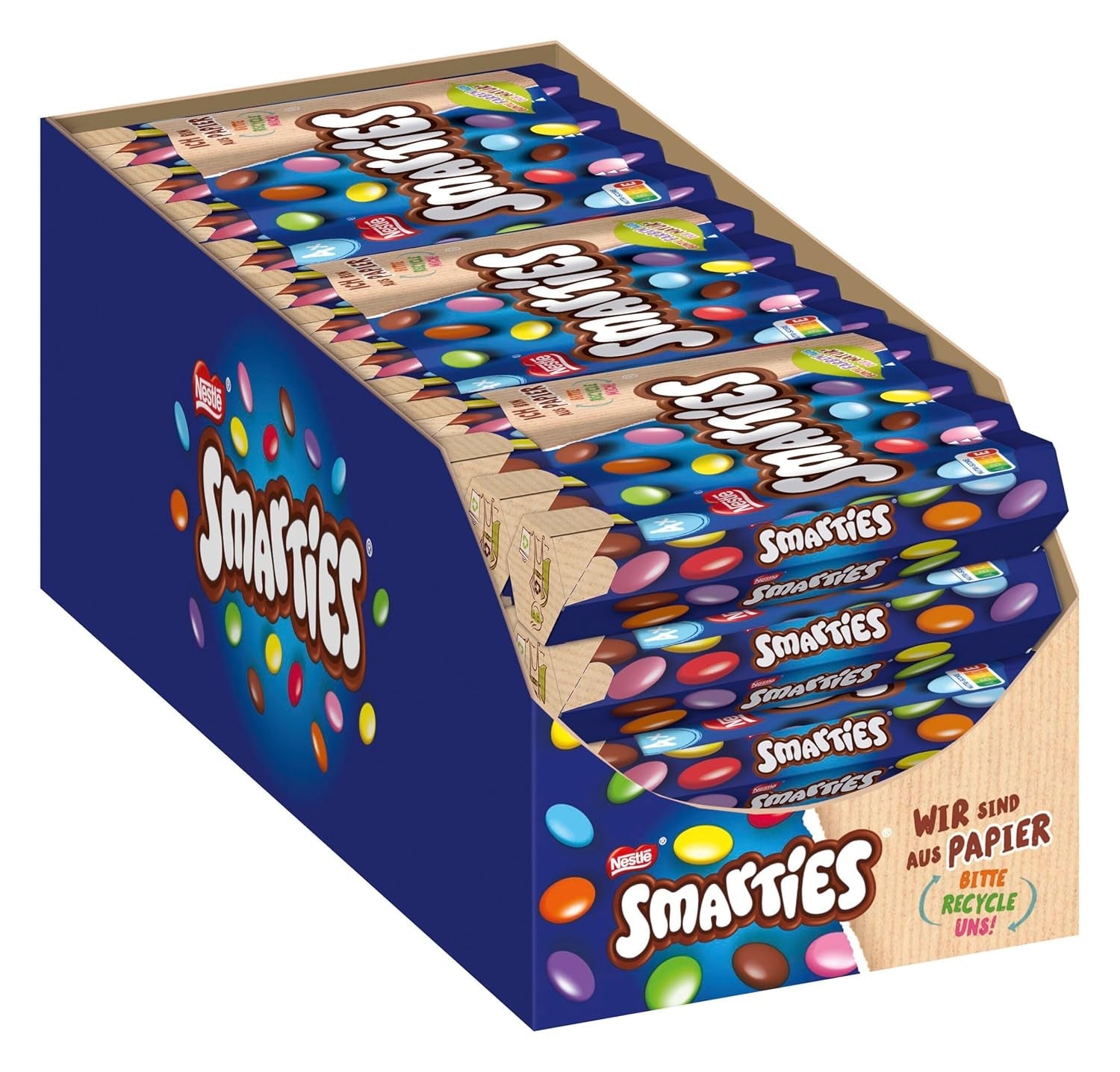 Opakowanie zbiorcze Nestlé SMARTIES, mała bułka, soczewica w kolorze czekoladowym, idealna na urodziny dzieci, naturalne kolory, sześciokątna bułka, opakowanie 12 szt. (12x (4 x 34g))