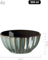 MĘSER 931966 Zestaw naczyń obiadowych z serii Confino dla 4 osób, nowoczesny wygląd vintage, ceramiczny zestaw śniadaniowy, 12 szt., kolor benzyny z czarnymi akcentami, kamionka