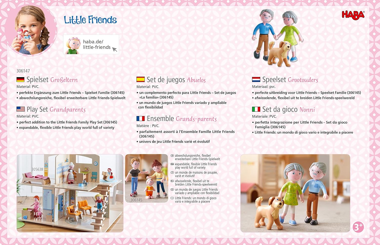 HABA 306147 - Zestaw Little Friends Dziadkowie, elastyczne lalki i zwierzęta w wieku 3+, wielokolorowy