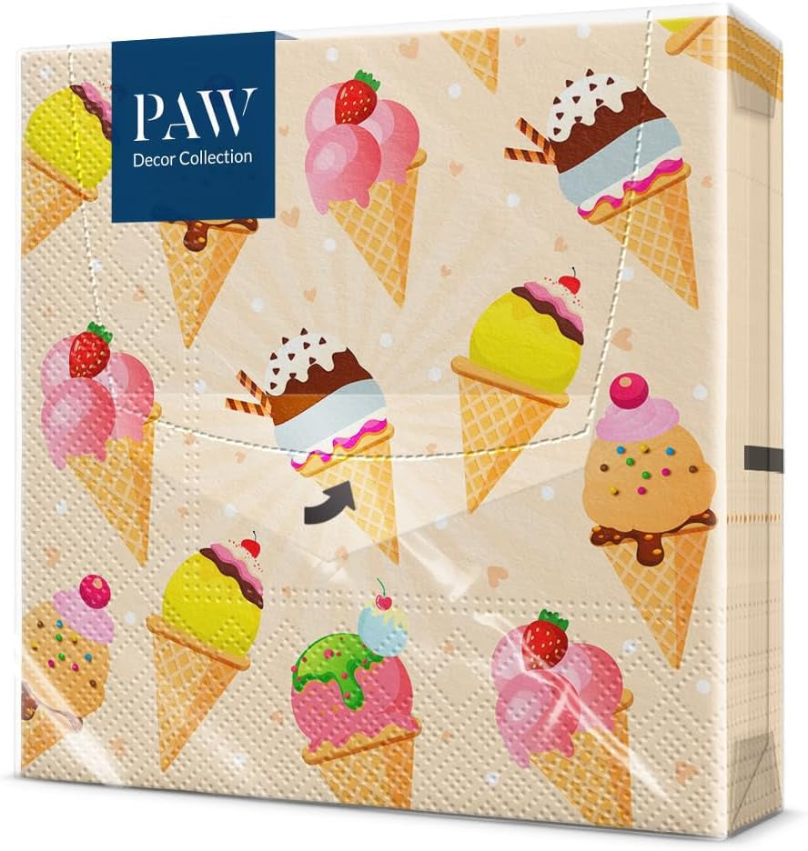 PAW - Serwetki 3-warstwowe (33 x 33 cm) I 20 sztuk I Idealne na przyjęcia, urodziny, święta I Dekoracje stołu na przyjęcia dla dzieci - Serwetki papierowe z kolorowymi motywami - Lody I Lody