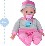 Simba 105140066 - Laura Interactive, lalka o miękkim ciele, o zaspanych oczach, bełkocząca przy ruchu, pijąca z butelki i zasypiająca, 40 cm, lalka bobas dla dzieci od 2 lat