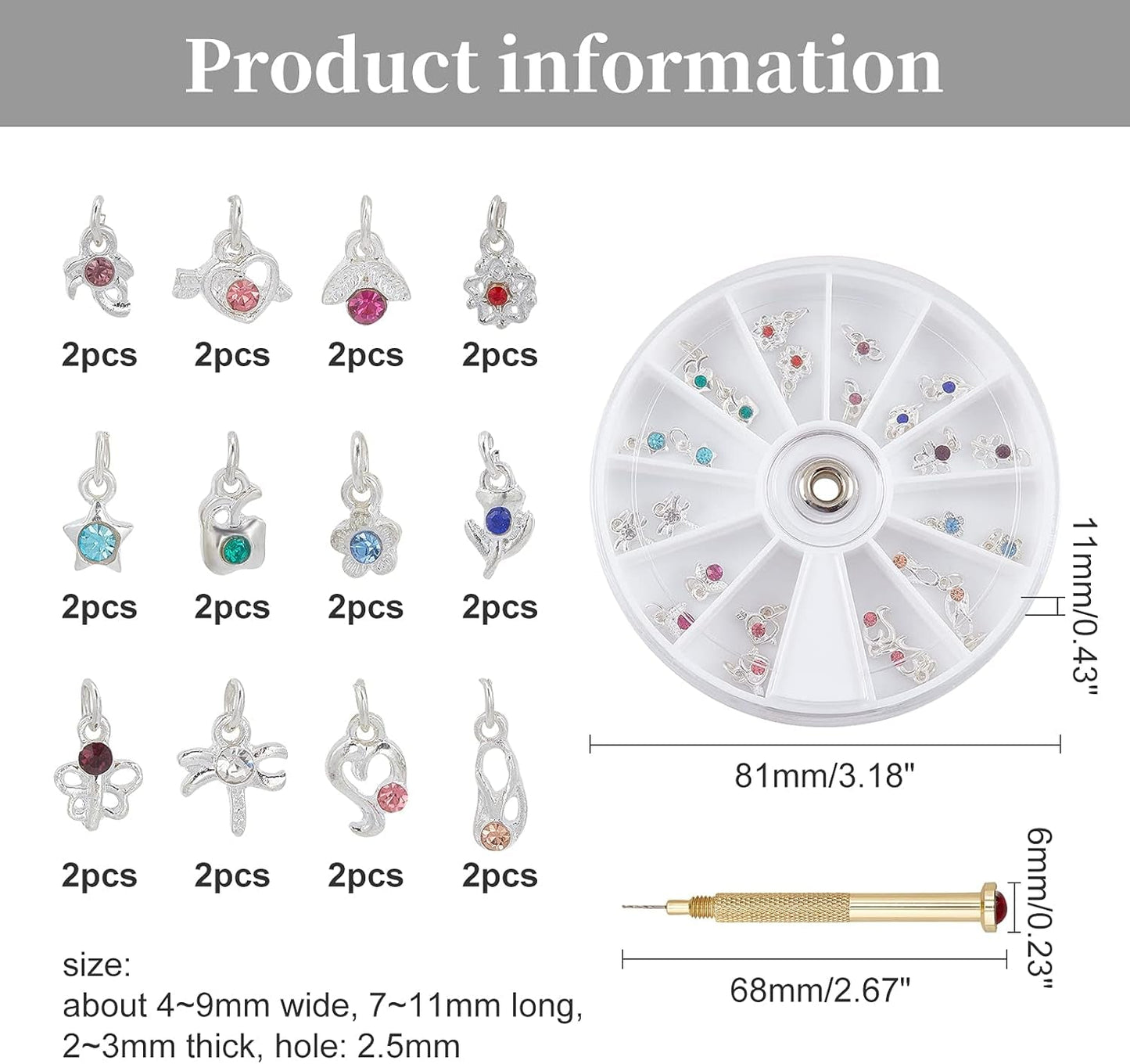 OLYCRAFT 24 szt. Nagelschmuck Ringe Dangle Nail Art Zubehör Mit Nagelpiercing Tool Nagelbohrer Manueller Bohrer Aus Legierung Für Tips, Acryl, Gele and Dekorationen