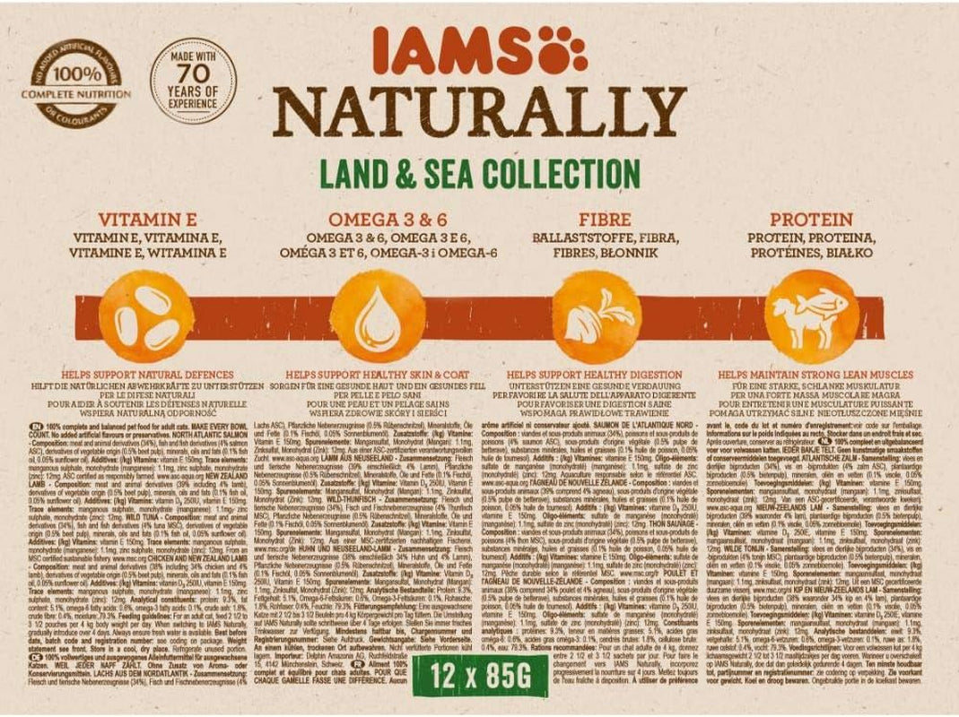 IAMS Natural Mokra karma dla kotów w sosie - Wysokiej jakości mokra karma mięsna i rybna dla dorosłych kotów, kolekcja Land & Sea, 12 x 85g