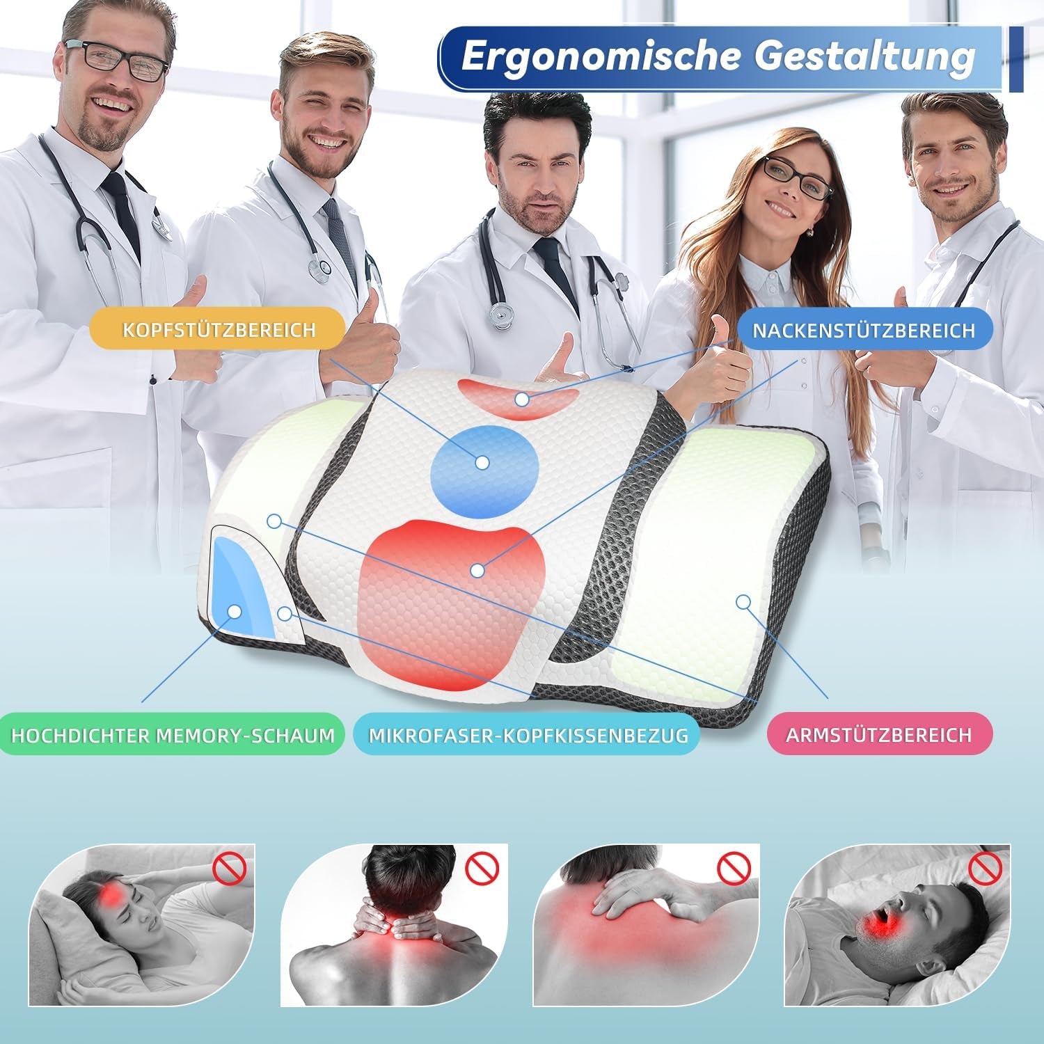 Poduszka ortopedyczna, ergonomiczna poduszka pod szyję, poduszka pod głowę, oryginalna poduszka z pianki memory na boki, podparcie pleców i brzucha, poduszka podtrzymująca szyję dla mężczyzn, kobiet (67,3 x 38,2 x 13,8/3 cm) Poduszki ortopedyczne na szyję Naty Shop