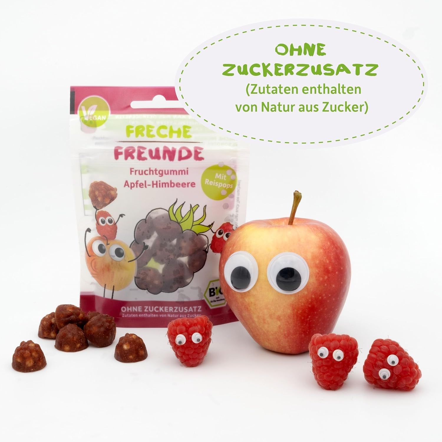 FRECHE FREUNDE Organiczne galaretki owocowe, lizaki jabłkowe, malinowe i ryżowe, słodka owocowa przekąska dla dzieci, bezglutenowe, wegańskie, opakowanie 20 szt. (20 x 30g)