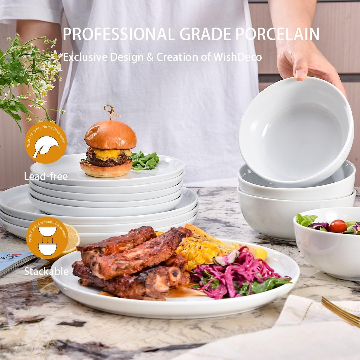 12-częściowy zestaw obiadowy, porcelanowy zestaw obiadowy dla 4 osób, biały zestaw obiadowy z talerzami, talerzami deserowymi i miseczkami na płatki zbożowe