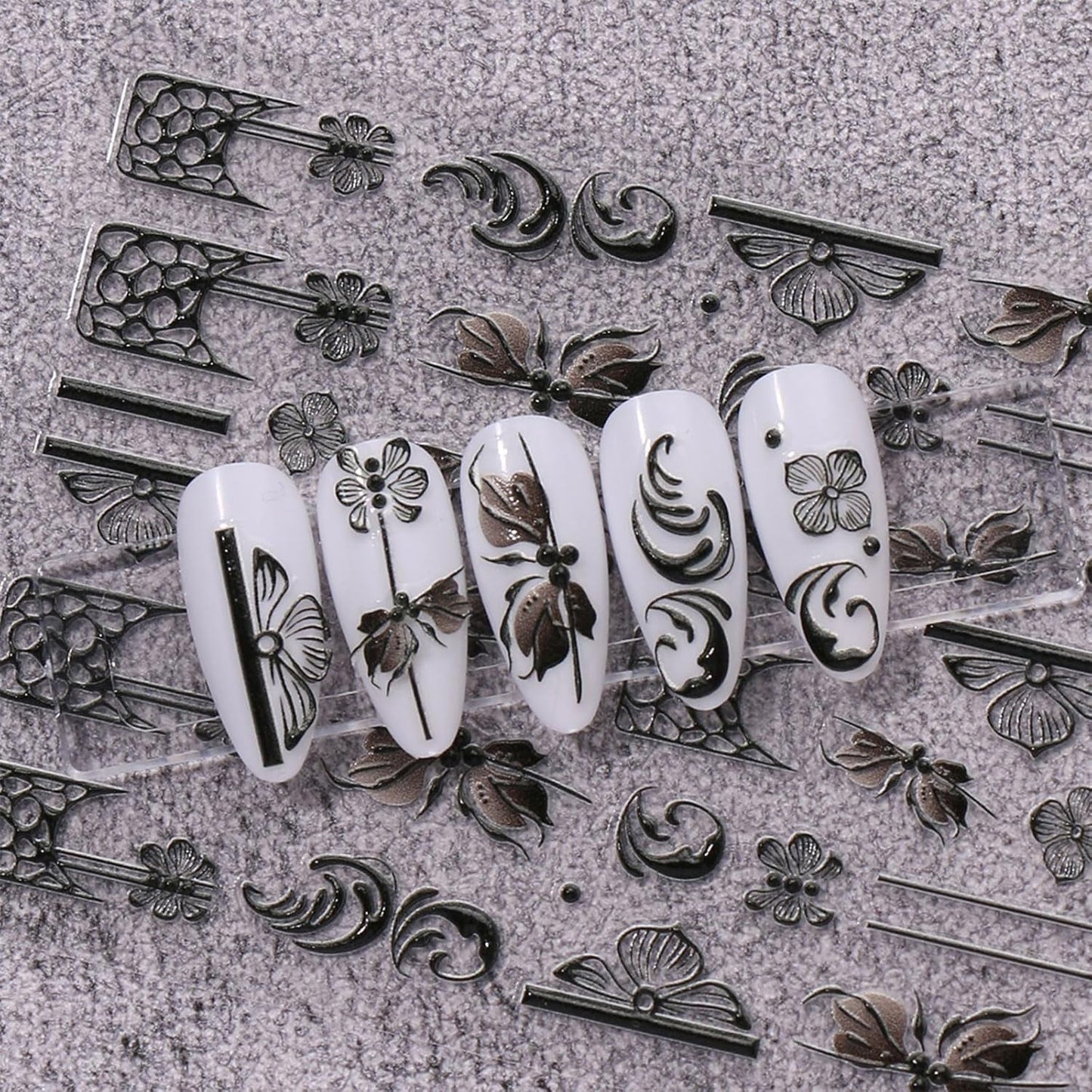 JMEOWIO 3D Nagelsticker Schwarz Weiß Blume Nail Art Naklejka Selbstklebend Nagelaufkleber 5D Stereoskopisch Blumen Dekoration Nageldesign Zubehör 4 Blatt