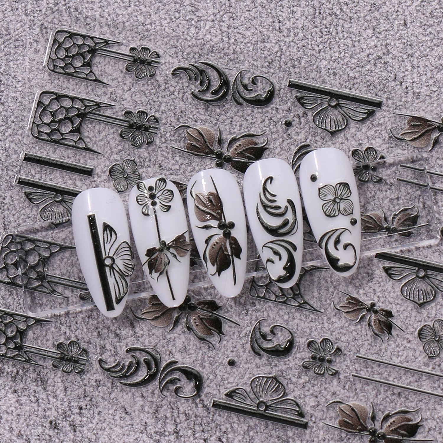 JMEOWIO 3D Nagelsticker Schwarz Weiß Blume Nail Art Naklejka Selbstklebend Nagelaufkleber 5D Stereoskopisch Blumen Dekoration Nageldesign Zubehör 4 Blatt