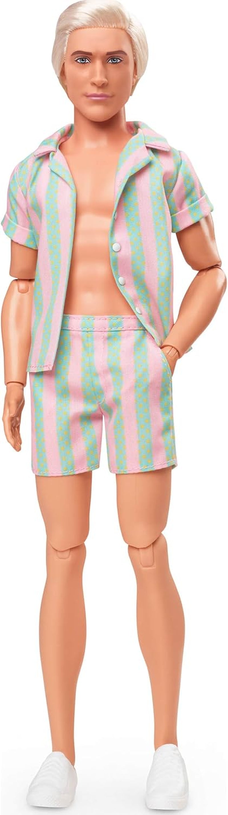 Barbie Movie Ken Barbie lalka Barbie w kostiumie plażowym w pastelowe różowe i zielone paski, desce surfingowej i białych tenisówkach, JBJ54
