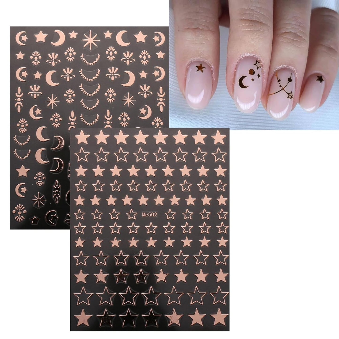 JMEOWIO Nagelsticker Mond Stern 10 Blatt Nail Art Naklejka Selbstklebend Nagelaufkleber Roségold Dekoration Nageldesign Zubehör