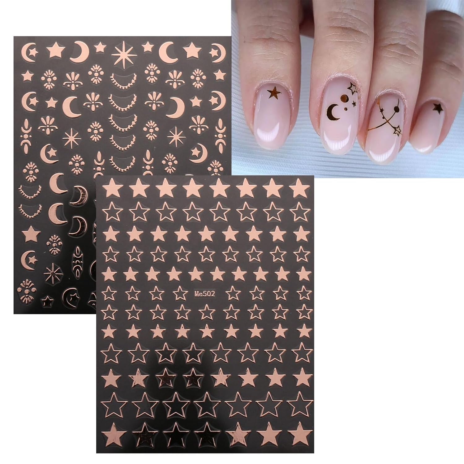 JMEOWIO Nagelsticker Mond Stern 10 Blatt Nail Art Naklejka Selbstklebend Nagelaufkleber Roségold Dekoration Nageldesign Zubehör