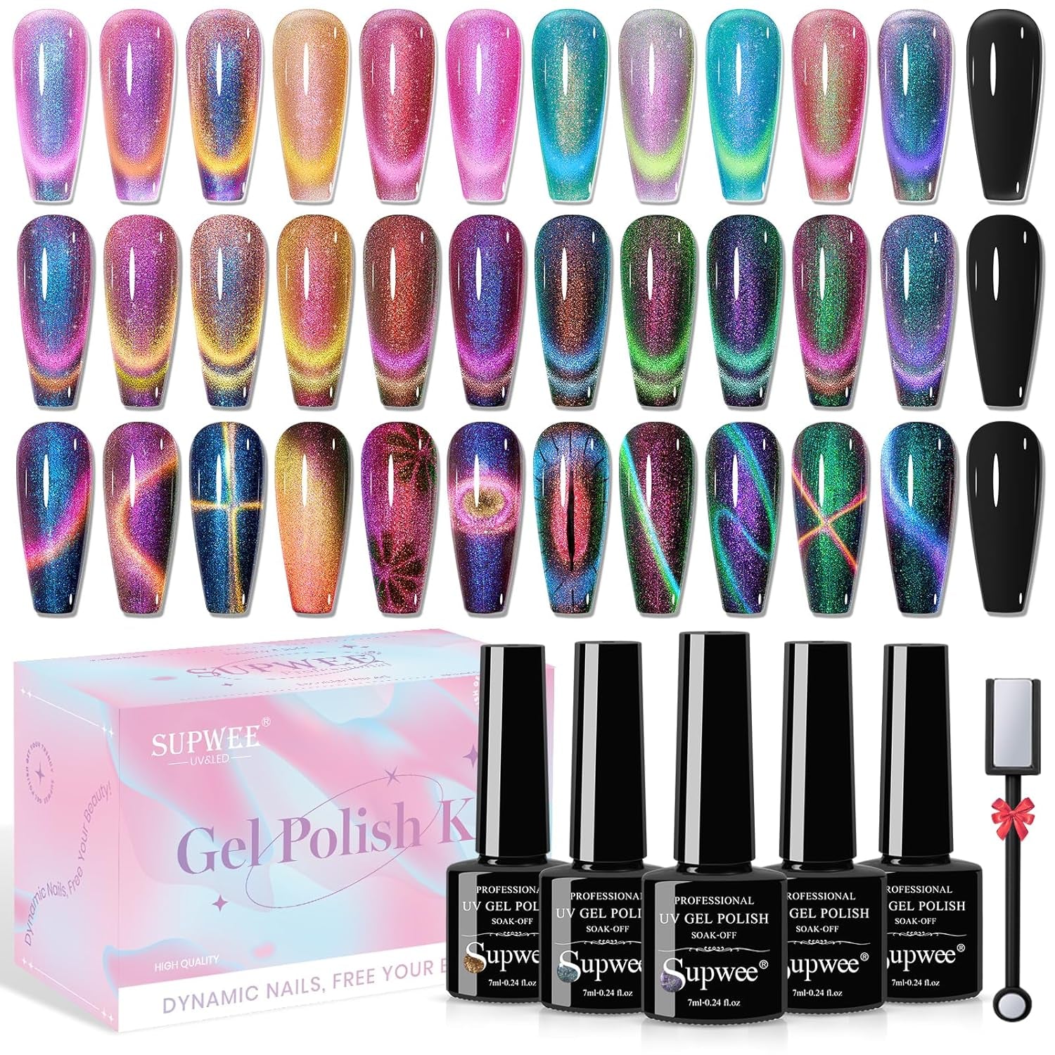 SUPWEE 5 w 1 narzędzie magnetyczne do paznokci, różowy magnes kocie oko dla Nägel Multifunktions Magnetstift DIY Magic 3D magnes w sztyfcie zestaw długopisów Nail Art magnes w sztyfcie do zdobienia paznokci DIY