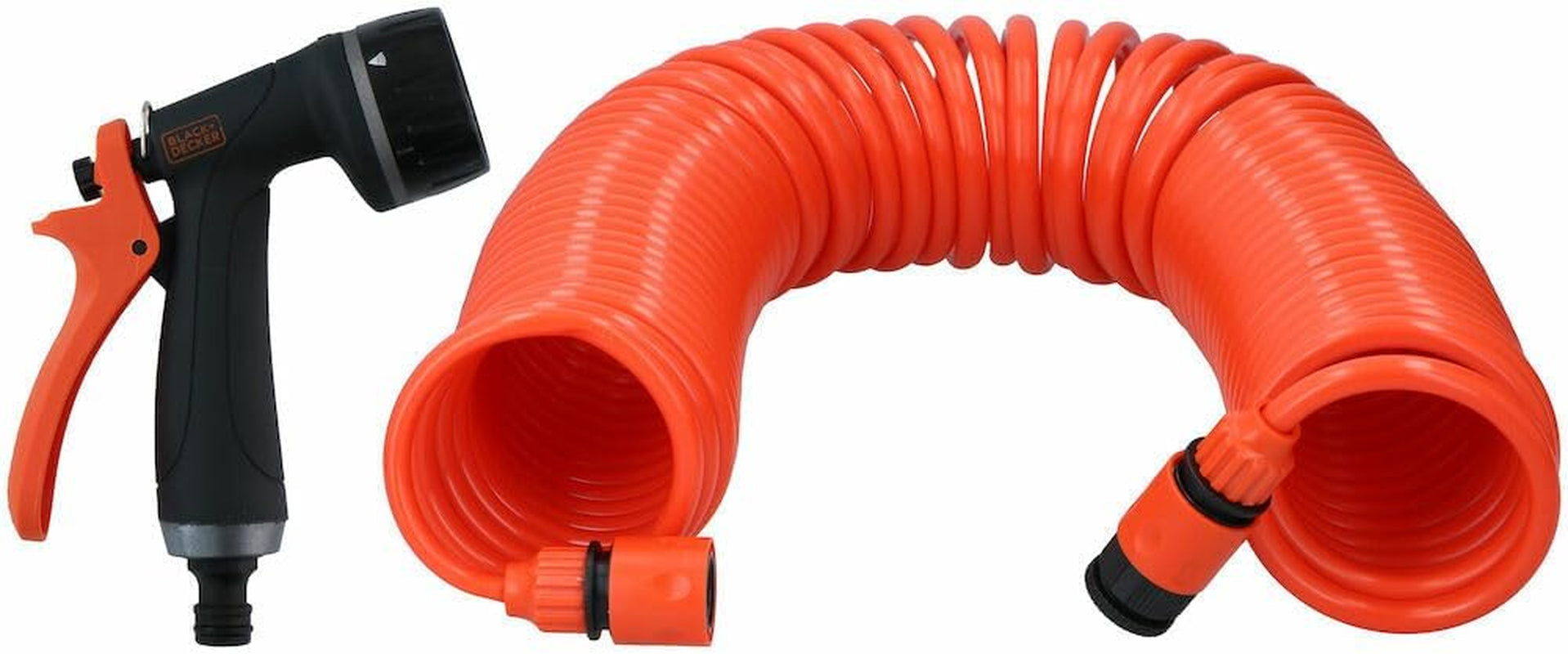 Wąż zwijany BLACK+DECKER 15M - Wąż ogrodowy zawierający opryskiwacz ogrodowy i złączki 1/2" - Plastik - Pomarańczowy/Czarny