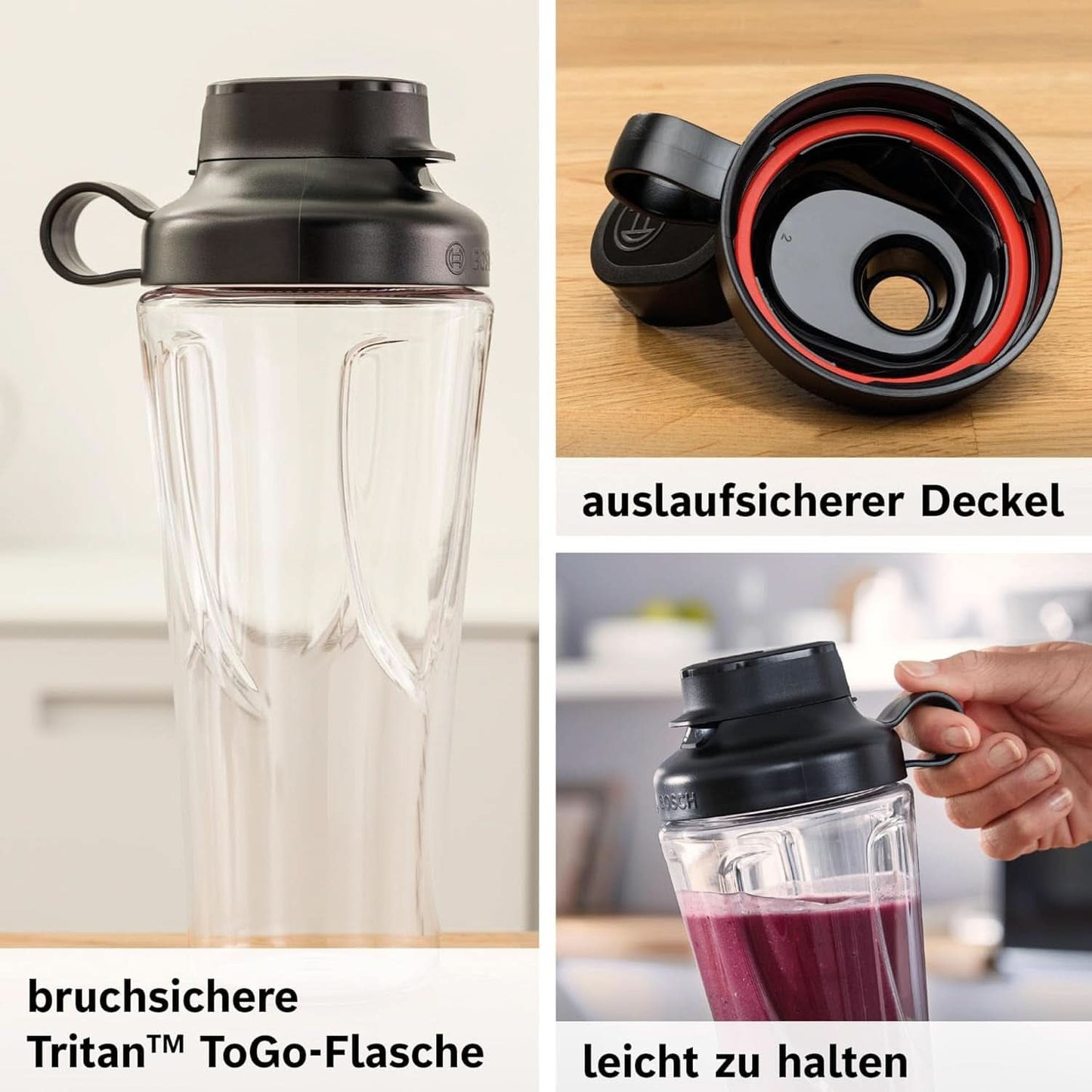 Bosch Mini-mikser stojący Vitapower Serie 2 MMB2111S, mikser wysokoobrotowy, Bis Zu 40 000 obr./min, Tritan Togo-Flasche 0,6 l, Trinkdeckel, Bruchsicher, Spülmasch.Geeignete Teile, 450W, Silber/Schwarz Kitchen Naty Shop