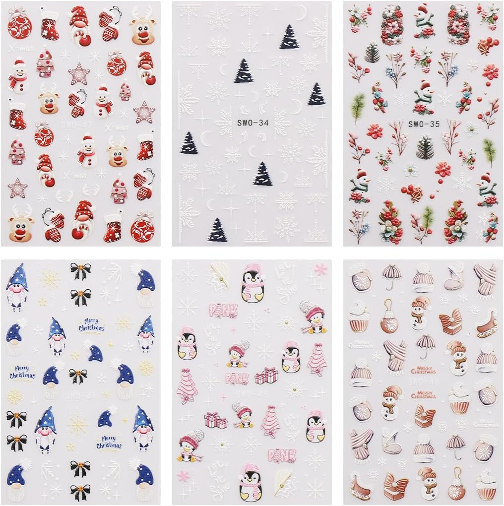 JMEOWIO Nagelsticker Weihnachten 6 Blatt Nail Art Naklejka Selbstklebend Nagelaufkleber Schneeflocke Winterurlaub Niedlich Dekoration Nageldesign Zubehör