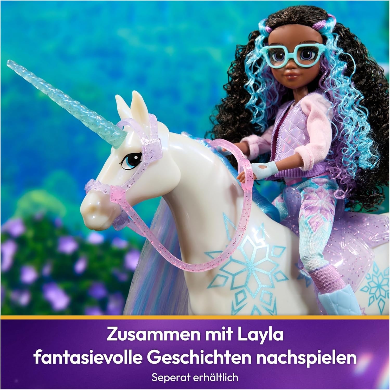 Lodowiec Unicorn Academy Unicorn — 28 cm wzrostu, oryginalny jednorożec Layla's Netflix z prawdziwą grzywą i ogonem, zdejmowaną uzdą, siodłem i szczotką, dla dzieci w wieku od 4 lat