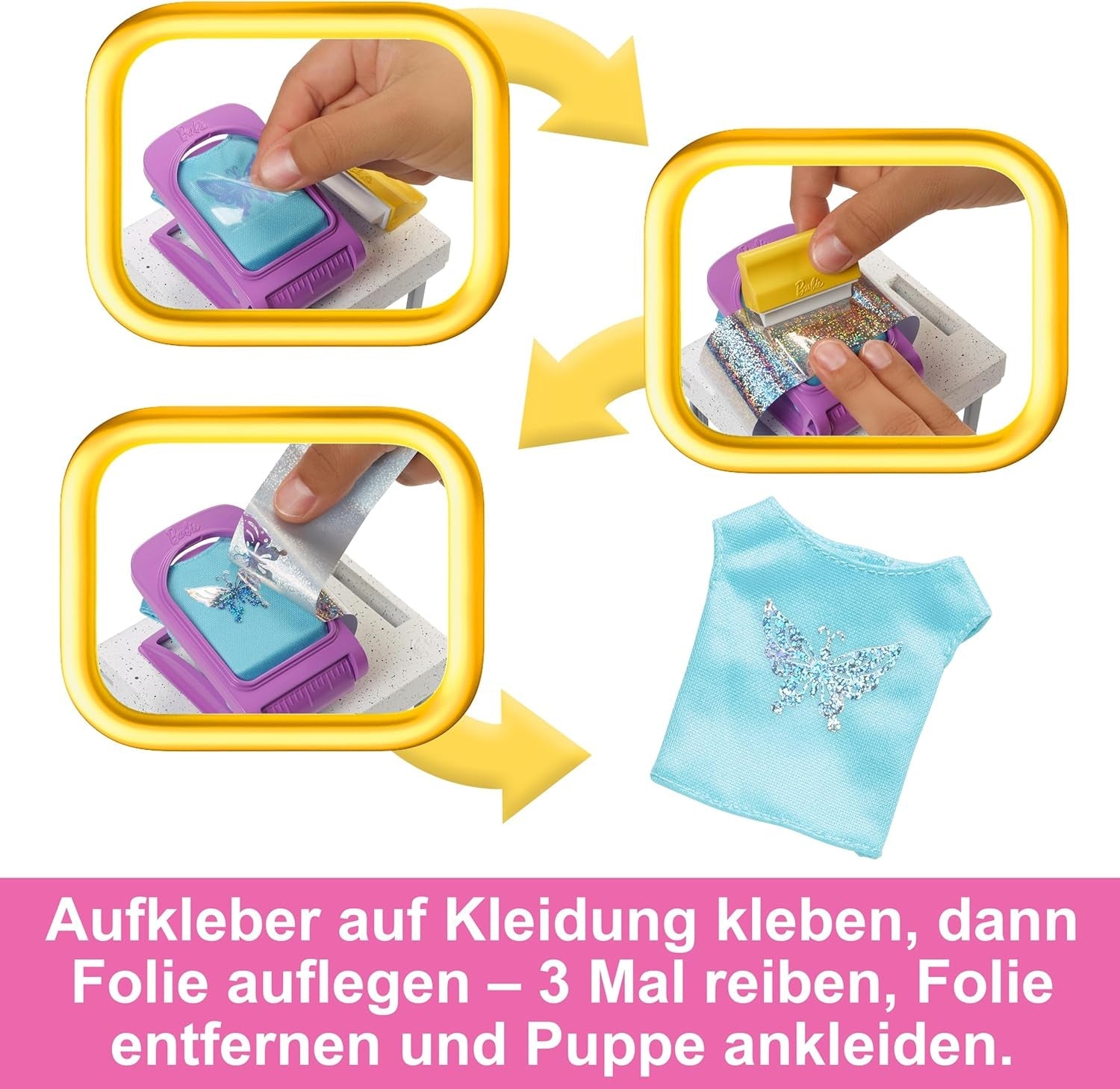 Zestaw Barbie Fashion Boutique - lalka ze wzorem w folię, ponad 150 oryginalnych kreacji, zawiera 2 bluzki i 5 arkuszy folii, stojak na ubrania i czytnik kart kredytowych, wiek powyżej 3 lat, HKT78