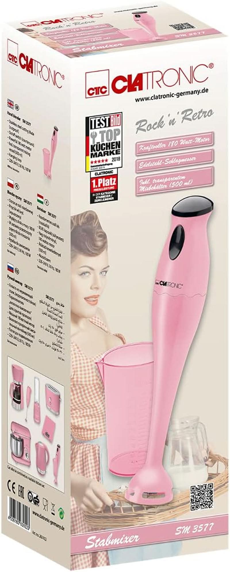 Clatronic Stabmixer/Pürierstab/Blender/Stab-Mixer/Stick/Mixstab SM 3577; Edelstahl-Schlagmesser; Für Smoothie, Kürbispüree, Babybrei, Milchshake; Mit Mixbehälter (500 ml); 180 watów; Sklep Naty z różową kuchnią