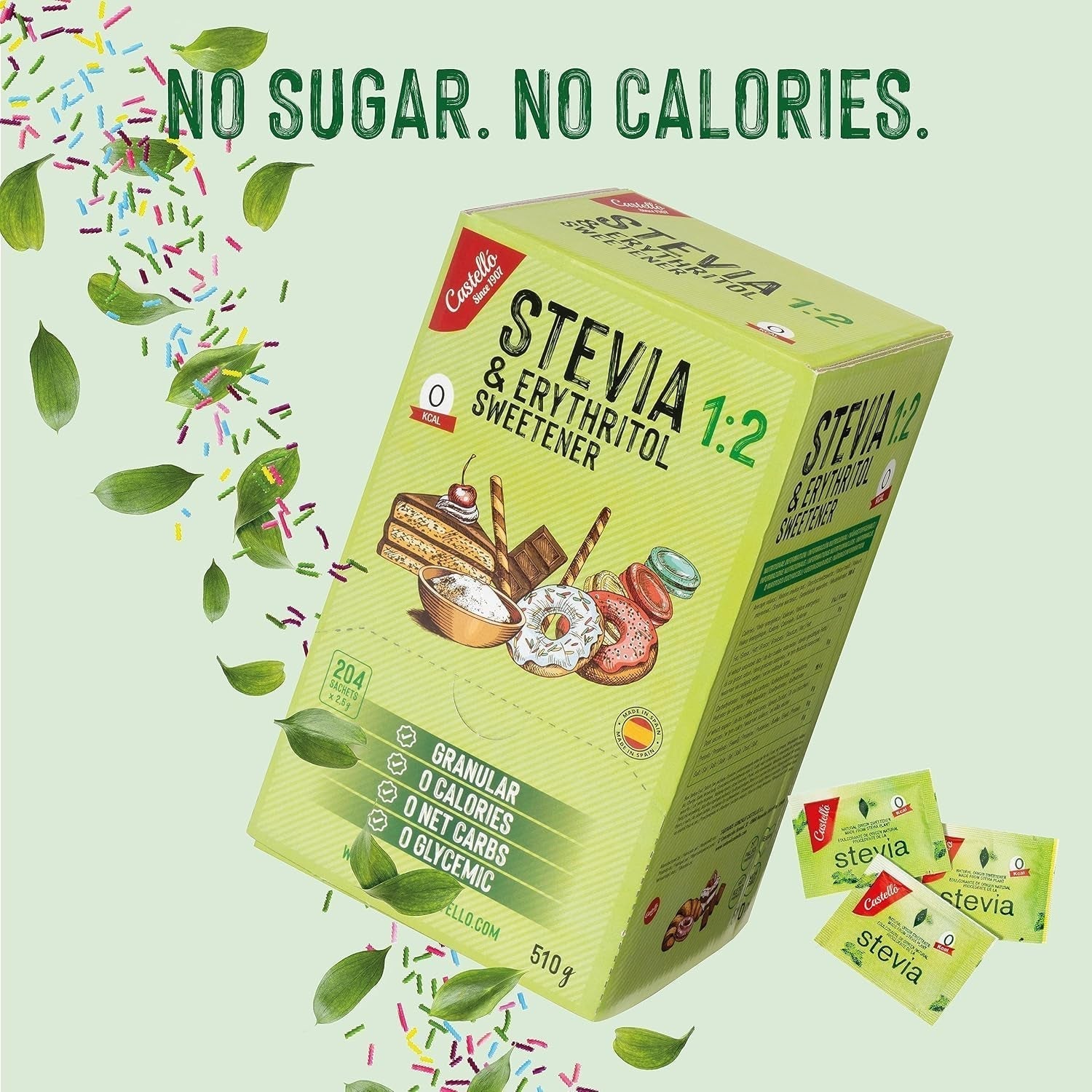 Stewia + Erytrytol 1:2 Süßstoff | 204 Torba Mit 2,5 G | 100% Natürlicher Zuckerersatz - 0 Kalorien - 0 Glykämischer Index - Keto Und Paleo - 0 Kohlenhydrat - Kein GVO - Castello od 1907-510 G Słodziki Naty Shop