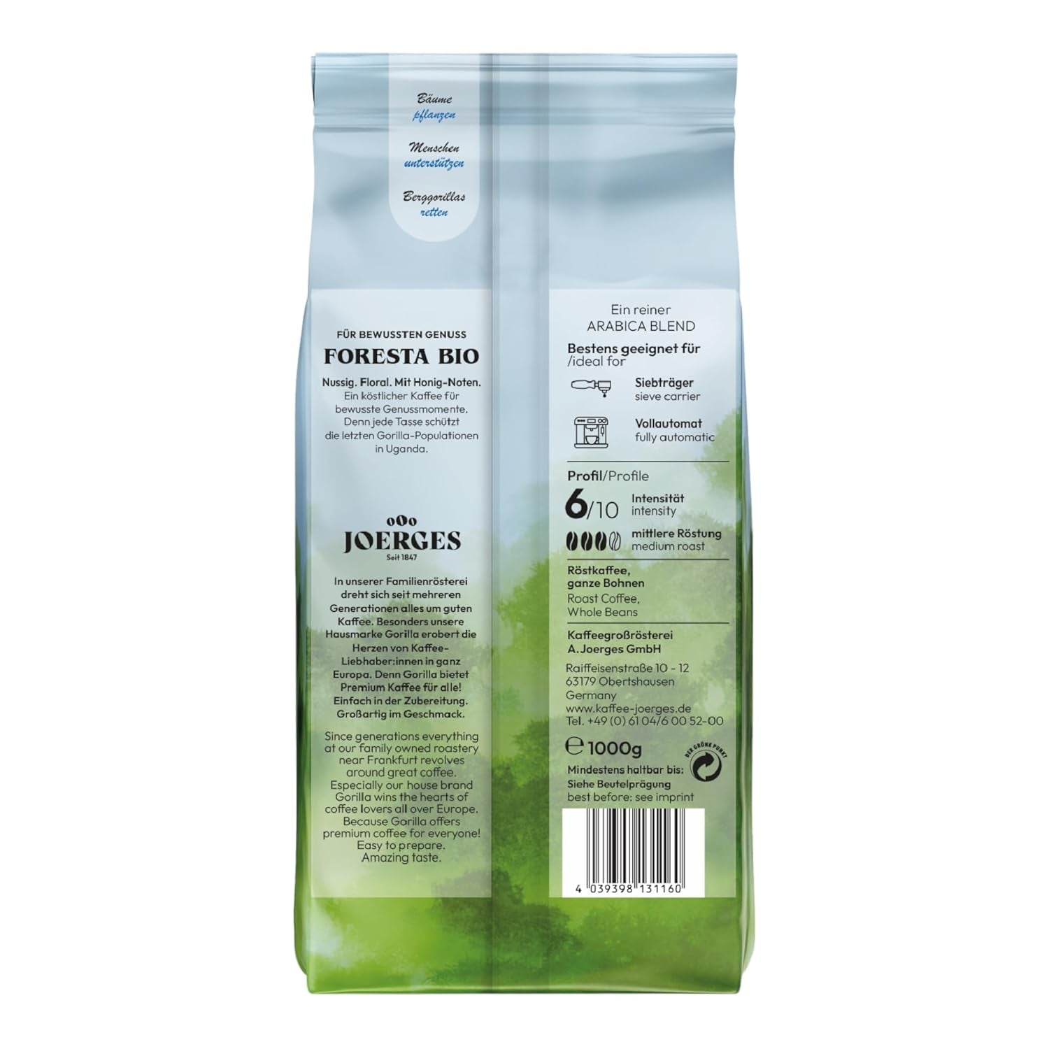 Kawa Gorilla Foresta, opakowanie podwójne, 2 x 1 kg, palone ziarna | Mieszanka arabiki, całe ziarna | W pełni automatyczny ekspres do kawy z kolbą | Kawa espresso