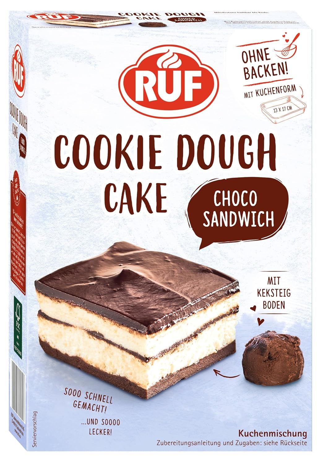 RUF Ciasto ciasteczkowe Ohne Backen, Tortenboden Aus Keksteig Mit Frischkäse-Creme Und Schokoladenstückchen, Inkl. Kuchenform, 1X325G Mieszanka do pieczenia i gotowania Naty Shop 320 G (1Er Pack) Cookie Dough Sandwich