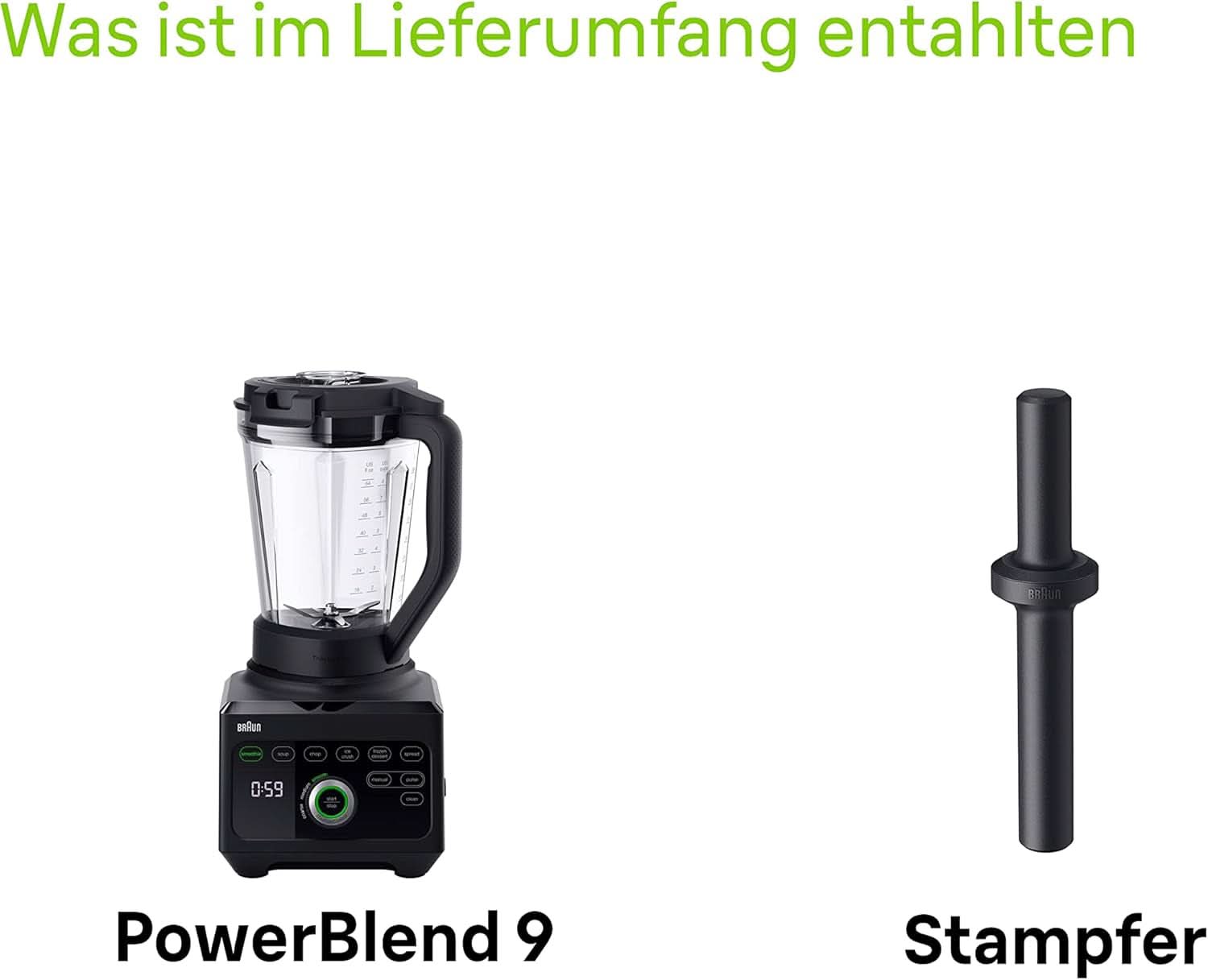 Braun Hochleistungsmixer Powerblend 9 JB9040 – Mikser stojący Mit Glas-Mixkrug, 18 programów Mix, 10 Geschwindigkeiten + Pulsefunktion, Heiße Suppen Funktion, Reinigungsprogramm, Stampfer, 1600 W, Schwarz Kitchen Naty Shop
