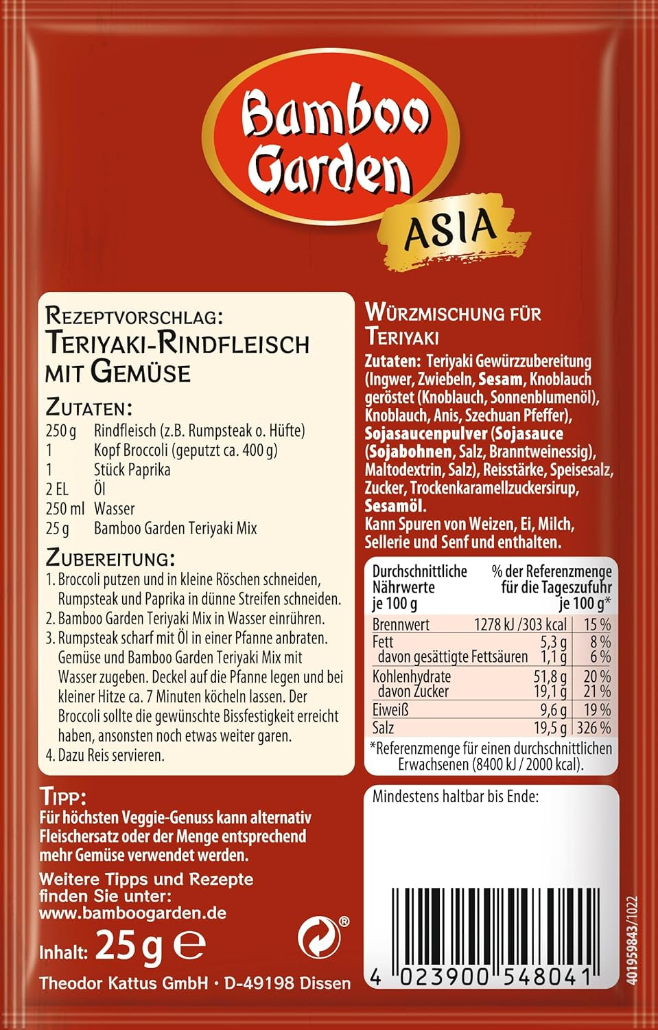 Bamboo Garden - Teriyaki Seasoning Mix , Gewürzmischung für Teriyaki , Für 4 Portionen , Ohne Geschmackverstärker und Konservierungsstoffe , 1 x 25 g (Verpackungsdesign kann abweichen)