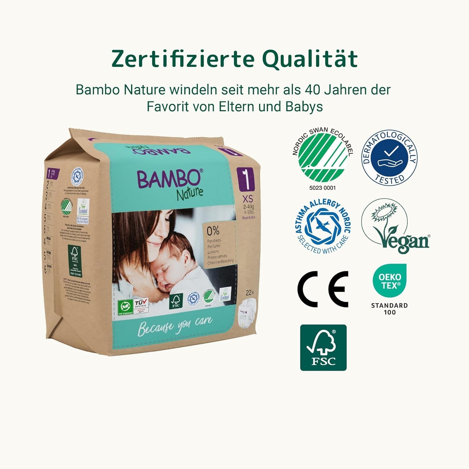 Pieluszki dziecięce Bambo Nature, rozmiar 1 (2-4 kg), 132 sztuki w pudełku miesięcznym | Pieluszki Premium ze zwiększoną ochroną przed wyciekami | Najwyższy komfort i swoboda dla noworodków | Pieluszki testowane dermatologicznie