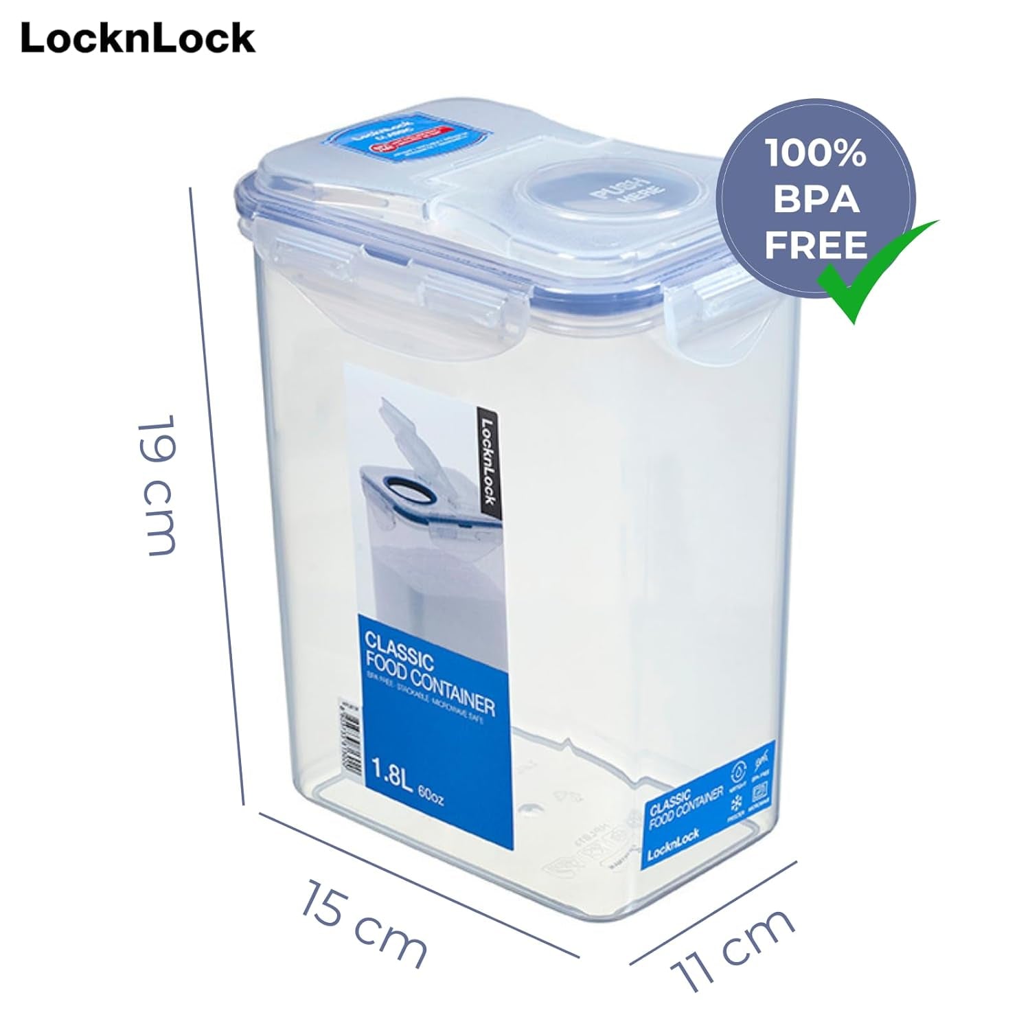 Pojemnik zbiorczy LocknLock PP Classic 1,8L | 15,1 x 10,8 x 19 cm | 100% szczelne pudełko do przechowywania | dozownik żywności do musli lub żywności | Pojemnik do przechowywania niezawierający BPA i nadający się do mycia w zmywarce Pudełka do przechowywania żywności Naty Shop