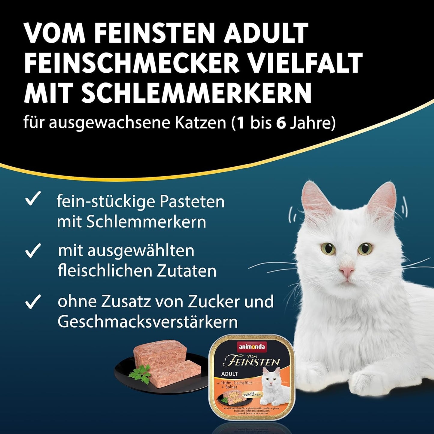 animonda Vom Feinsten Adult Gourmet Variety (32 x 100 g), bezzbożowa i bezcukrowa mokra karma dla dorosłych kotów z nieodpartym smakiem.
