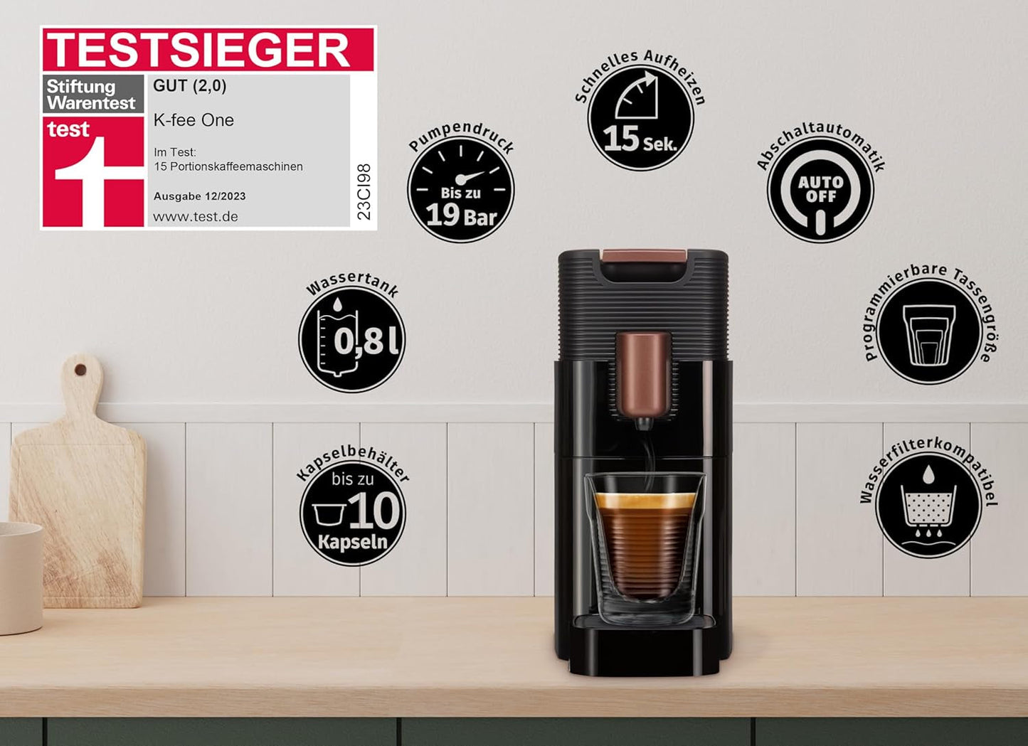 Ekspres do kawy z kapsułkami K-FEE ONE do kawy, herbaty i kakao | Kompaktowe espresso | Szybkie nagrzewanie | Zbiornik na wodę 0,8 l | 19 taktów | Czarna miedź | Zwycięzca testu Stiftung Warentest 2023