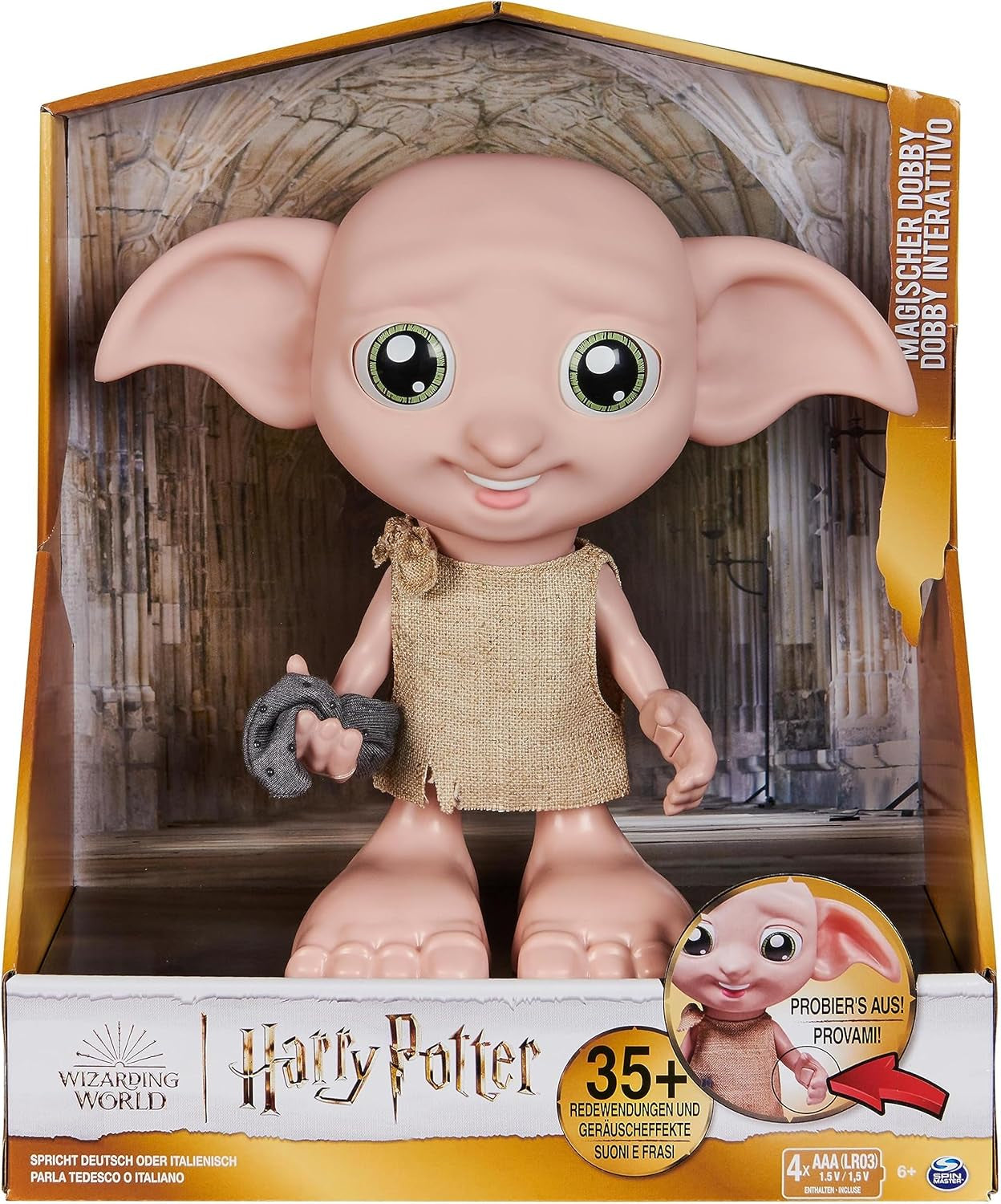Czarodziejski świat Harry Potter - interaktywna lalka Zgredek Elf domowy z ponad 30 dźwiękami, zdaniami i ruchami, niemiecko-włoski, zabawka dla 6 lat, artykuły fanów Lalki Naty Shop Domyślny tytuł