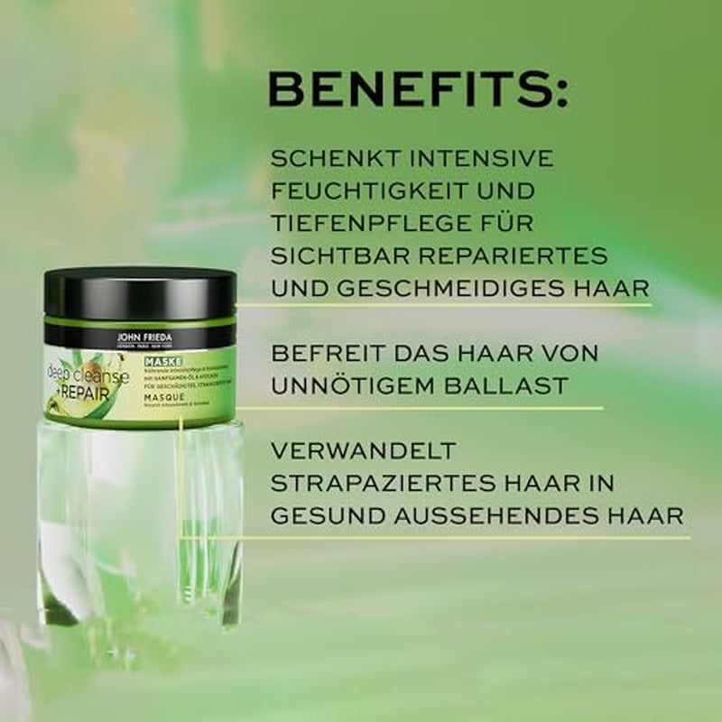 John Frieda - Deep Cleanse & Repair Mask / Kuracja - Zawartość: 250 ml - Z olejem z nasion konopi + odżywczym awokado - Kojąca maska do włosów zniszczonych Naty Shop maska do włosów