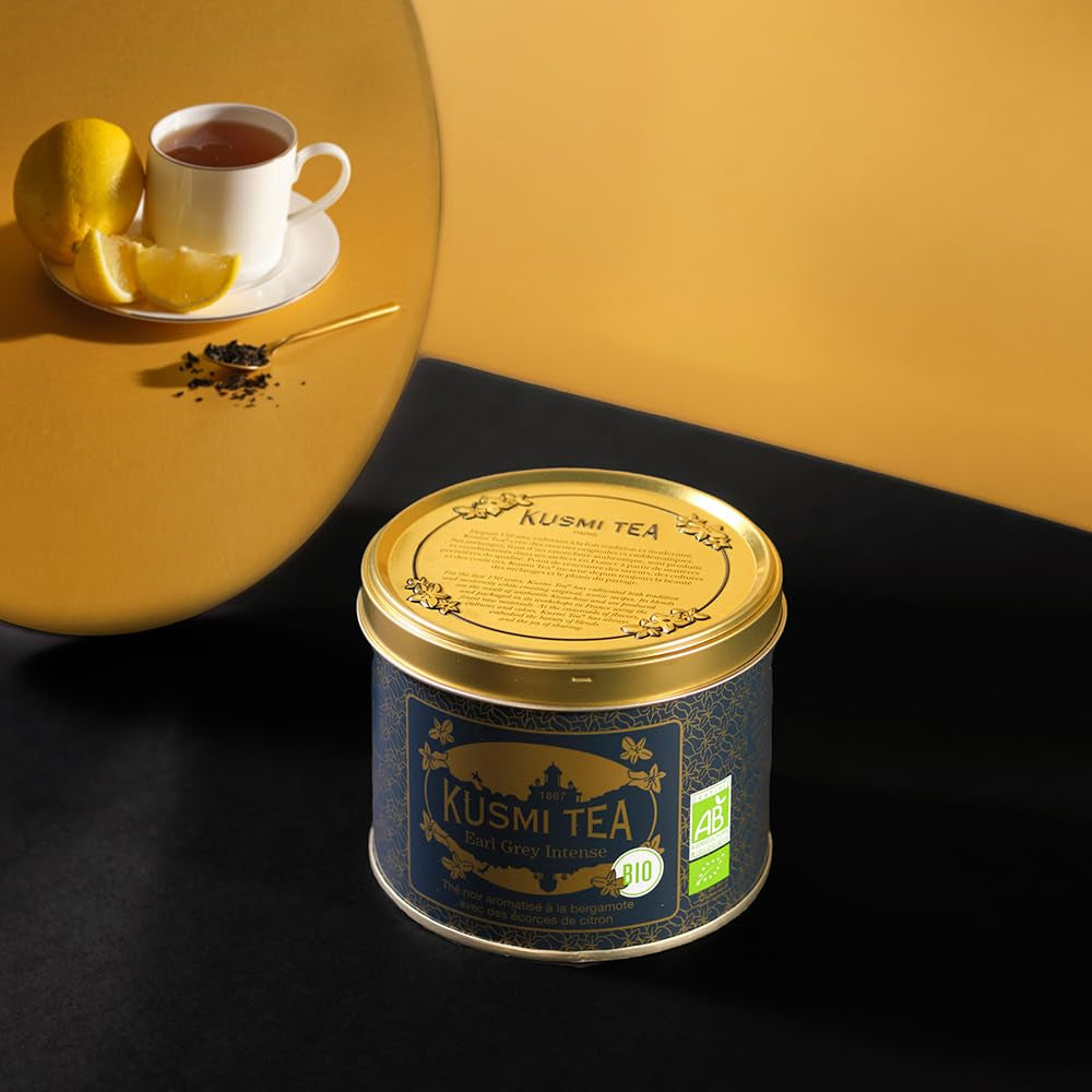 Kusmi Tea - Earl Grey Intense - Organiczna czarna herbata Earl Grey z mocną bergamotką i pikantną cytryną - Herbata sypana - 100g Metalowe pudełko - Ilość na około 50 filiżanek