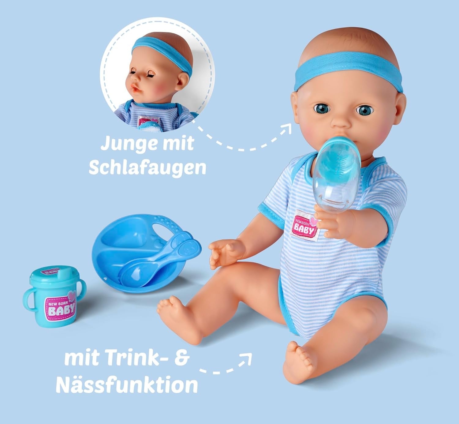Simba 105030044 - Lalka noworodkowa - chłopiec, lalka wykonana w całości z winylu ze śpiącymi oczami, funkcją picia i moczenia oraz akcesoriami, 8 sztuk, 43 cm, lalka bobas, wiek 3+