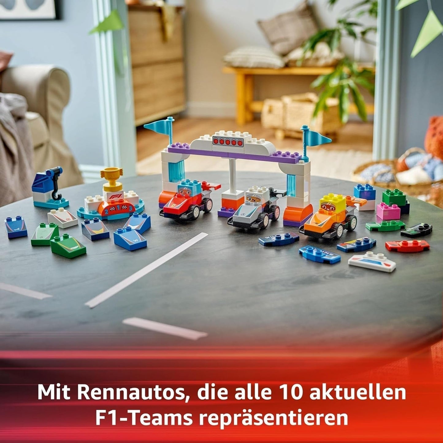 Samochody wyścigowe LEGO DUPLO Town F1 Team z wyścigowcami, zabawka do budowania dla całej rodziny, pobudzająca wyobraźnię zabawa, prezent urodzinowy dla małych dzieci, chłopców i dziewcząt od 2. roku życia 10445 Zestawy do budowania Besuche den LEGO-Store