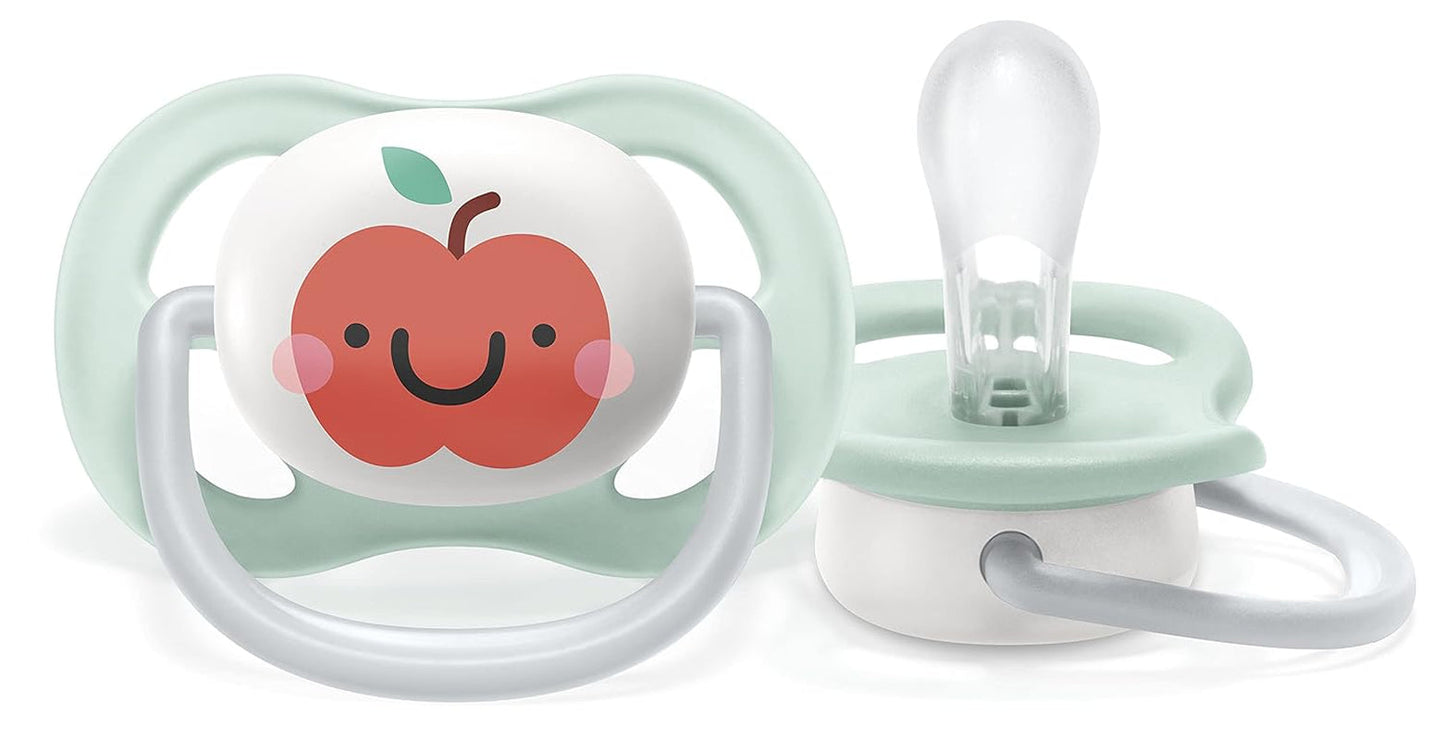 Smoczek Philips AVENT ultra air – 2 sztuki, niezawierający BPA, oddychający, dla dzieci w wieku 0–6 miesięcy, w zestawie etui i sterylizator, jabłko/gruszka (model SCF080/17)