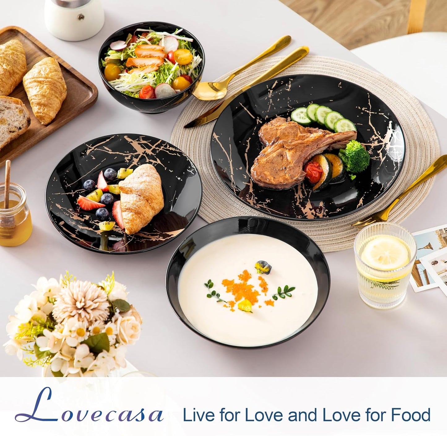 LOVECASA Seria Daphne Zestaw porcelanowych naczyń obiadowych SWEET 24-częściowy zestaw kombinowany Talerze obiadowe w złotym stylu Talerze deserowe Miski na płatki zbożowe i talerze obiadowe dla 6 osób