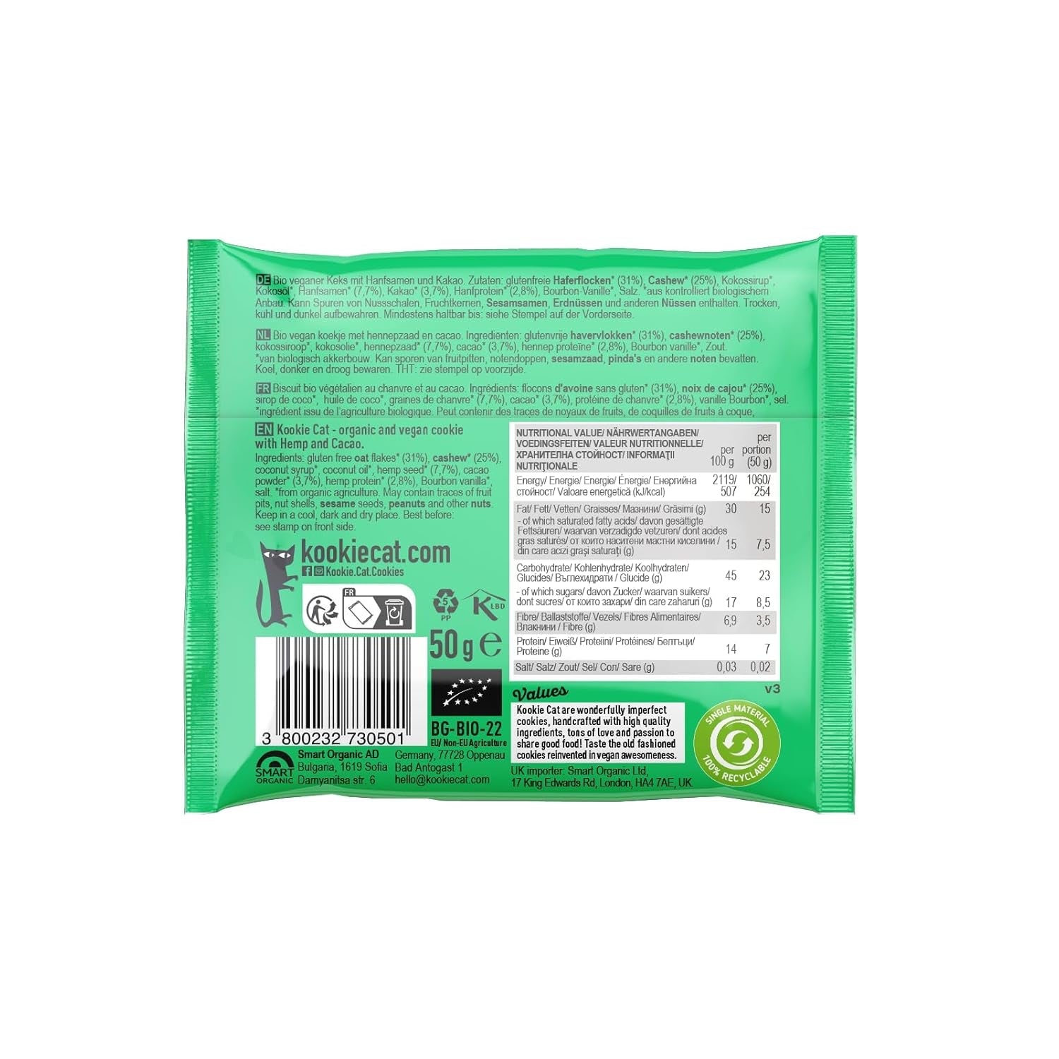 Nasiona konopi i kakao – pakowane pojedynczo, wegańskie, bezglutenowe, bez soi, organiczne ciasteczka z nerkowca i owsa – opakowanie zbiorcze 12 x 50 g