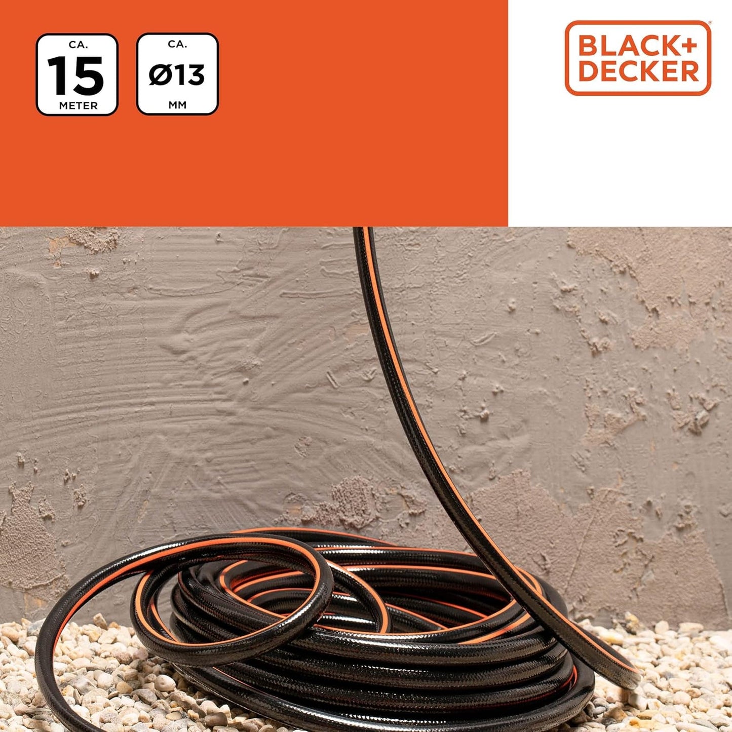 Wąż ogrodowy BLACK+DECKER 15 metrów - Ø13MM - Trwałe PCV - Podlewanie ogrodu, mycie samochodu, napełnianie basenu - Kompatybilny z każdym standardowym kranem - Czarny/Pomarańczowy