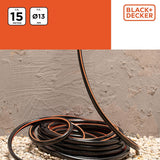 Wąż ogrodowy BLACK+DECKER 15 metrów - Ø13MM - Trwałe PCV - Podlewanie ogrodu, mycie samochodu, napełnianie basenu - Kompatybilny z każdym standardowym kranem - Czarny/Pomarańczowy
