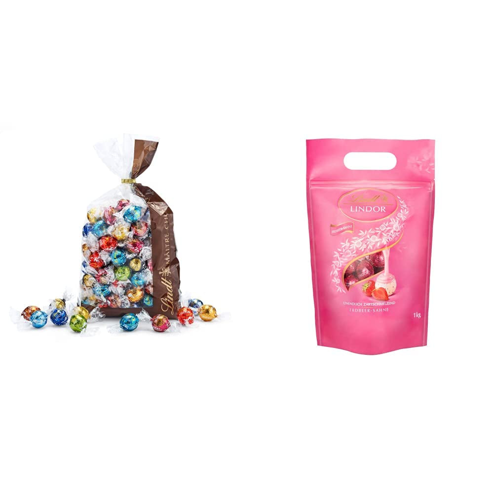 Mieszanka czekoladowa LINDOR | 1371 g | Około. 109 kulek: Kulki z mlecznej czekolady i LINDOR z kremem truskawkowym | Worek 1 kg, ok. 80 kulek czekoladowych z białej czekolady z kremem truskawkowym